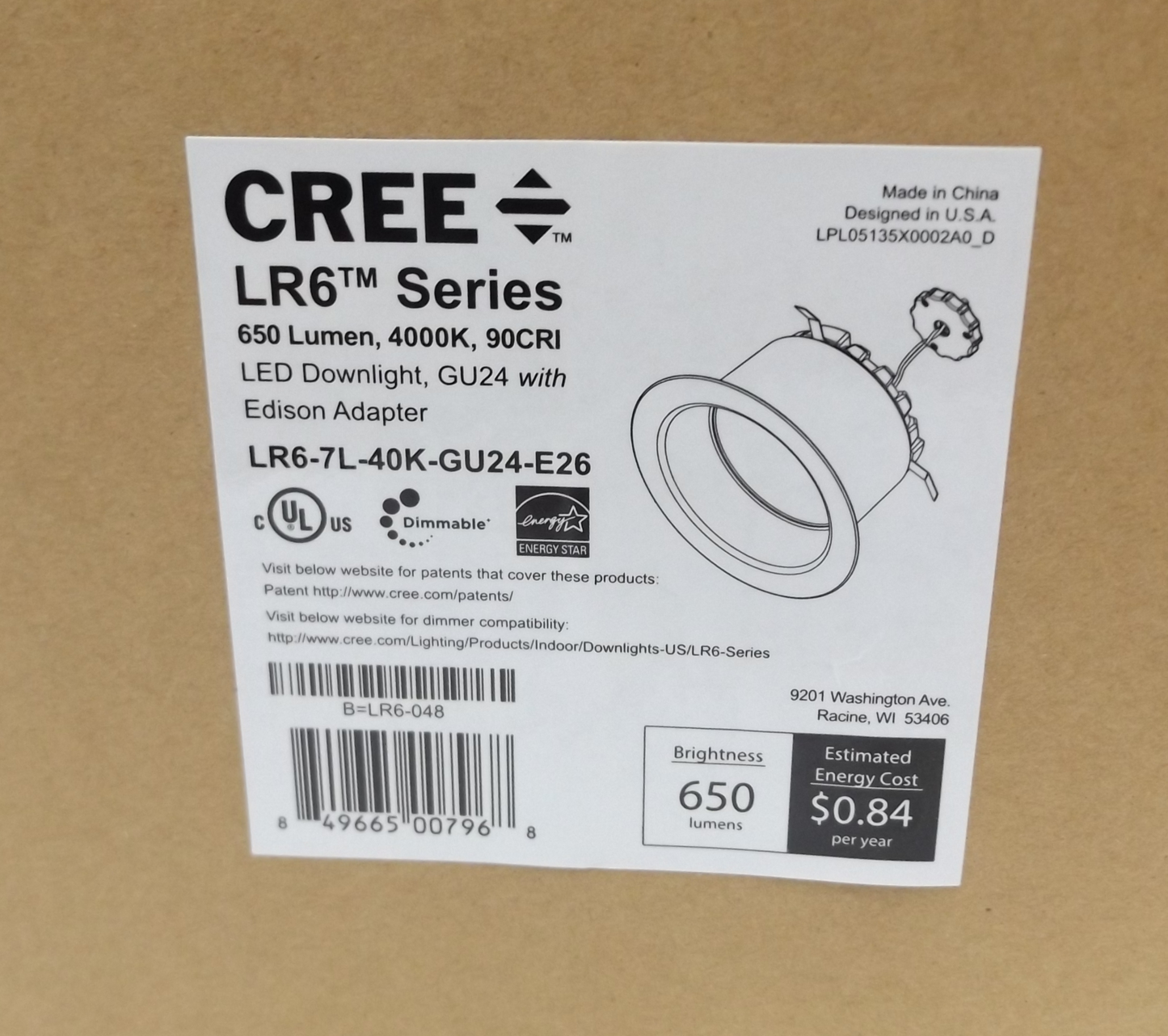 (1)  CREE LR6-7L-40K-GU24-E26 LED DOWNLIGHT  6"  10.5W  650L  4000K 90CRI  WHITE