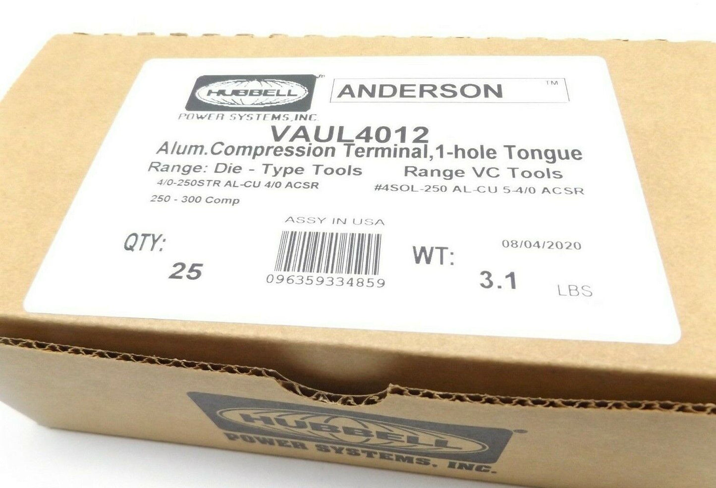 BOX OF 25 HUBBELL ANDERSON VAUL4012 ALUMINUM COMPRESSION TERMINAL 1-HOLE