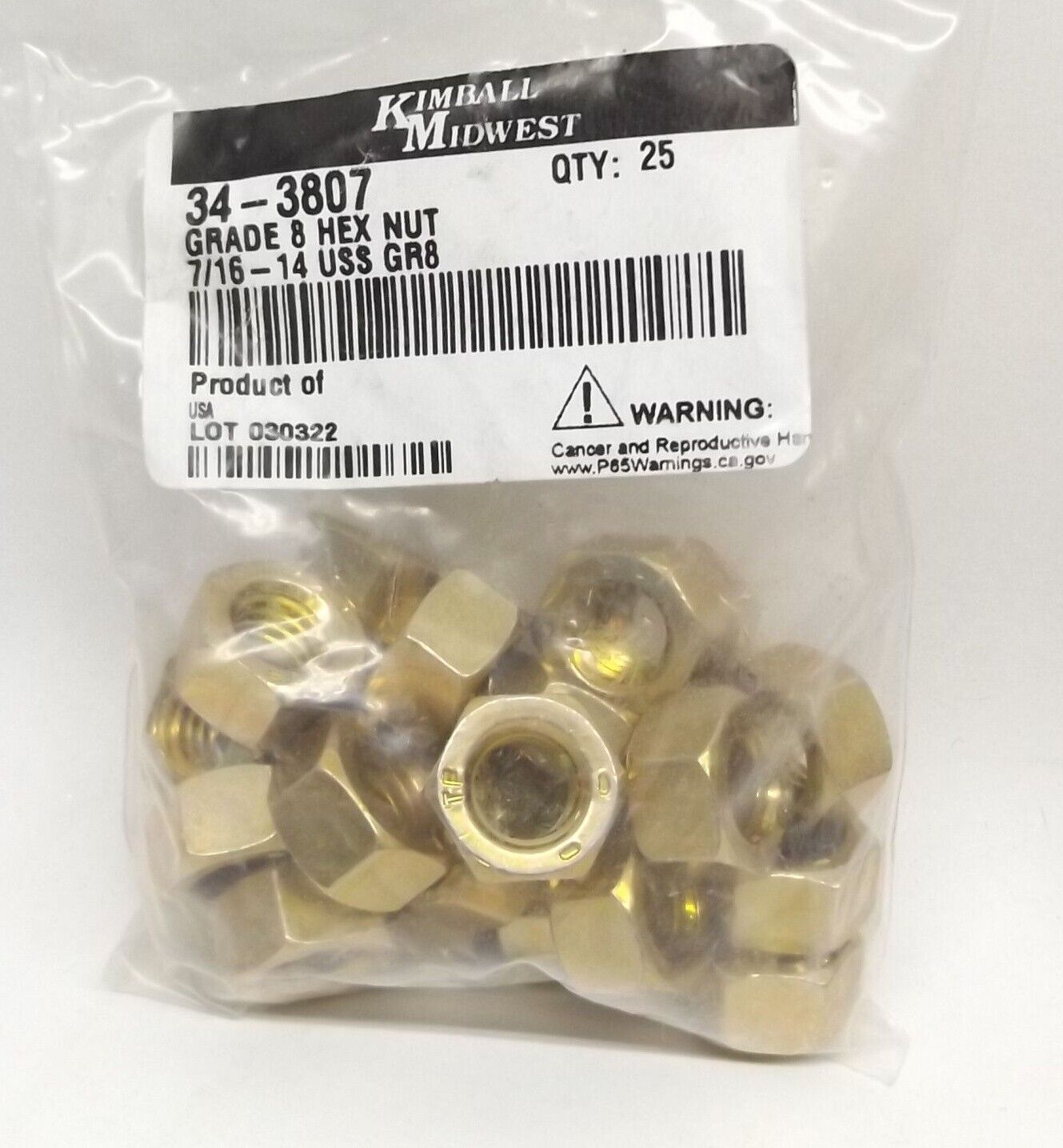 (25) KIMBALL MIDWEST 34-3807  7/16-14 GRADE 8 HEX NUT USS