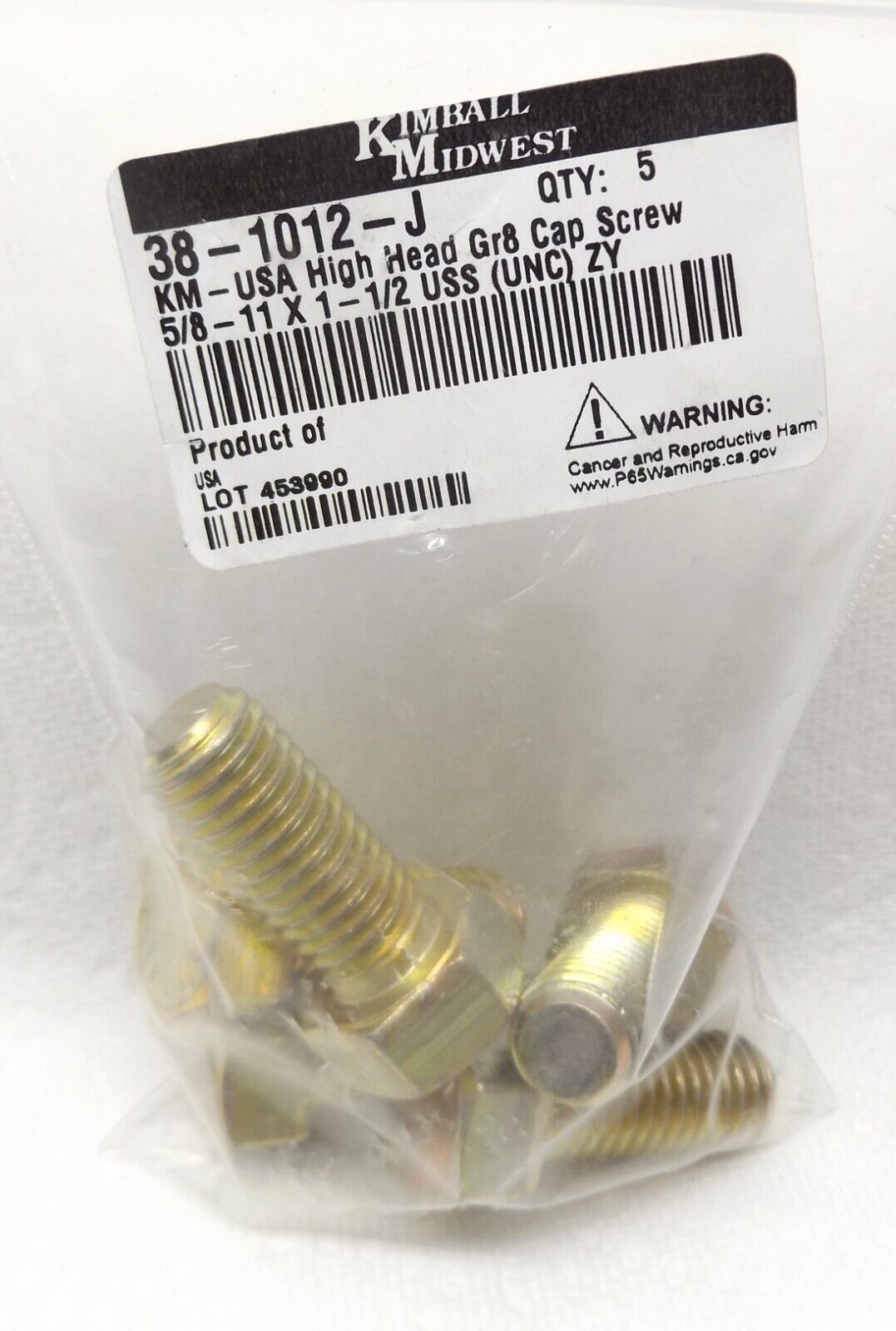 BAG OF 5 KIMBALL MIDWEST 381012  5/8-11X1-1/2" USA HIGH HEAD GR8 CAP SCREW ZY