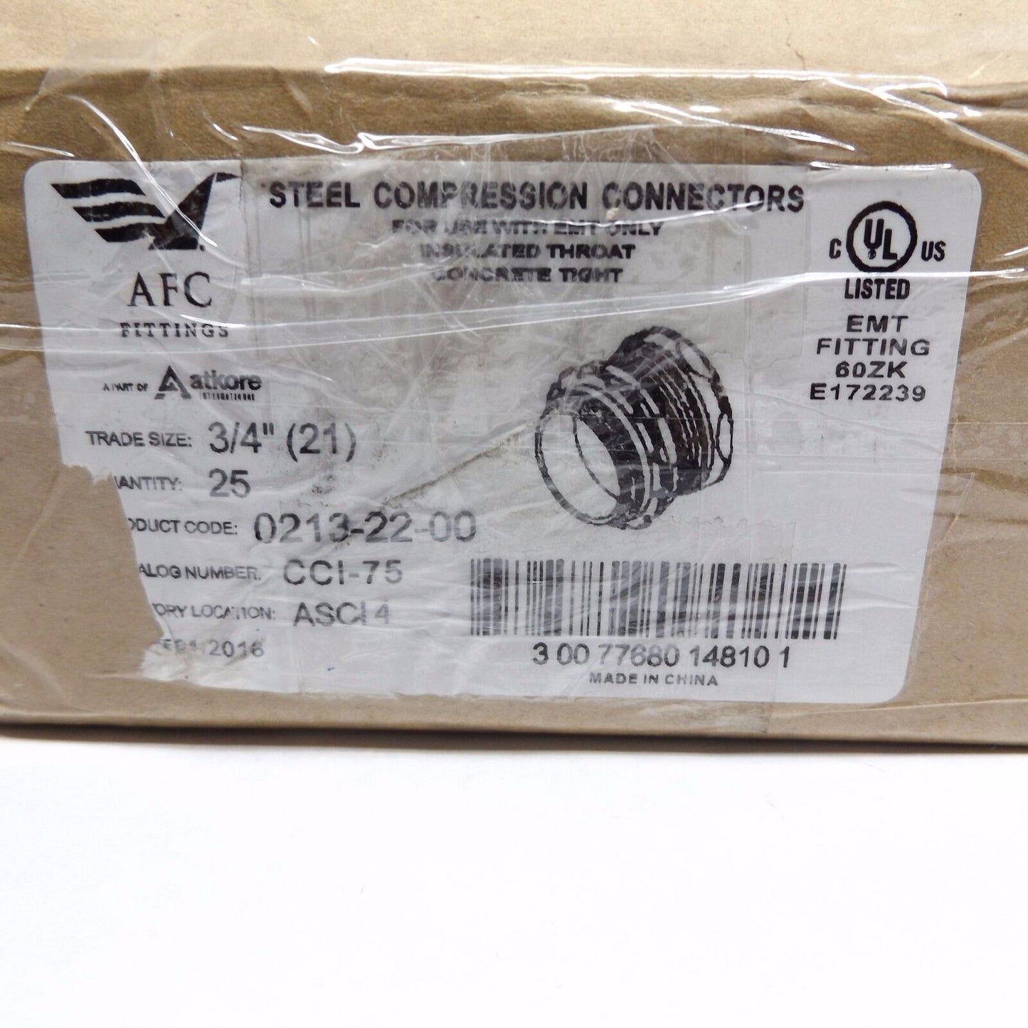 BOX OF 25 AFC 0213-22-00 EMT COMPRESSION CONNECTOR 3/4" INSULATED STEEL