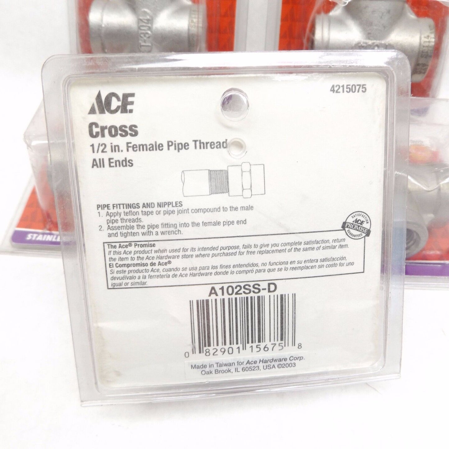 LOT OF 5 - ACE 4215075 ALL ENDS CROSS, 1/2" 304 STAINLESS STEEL, 150#